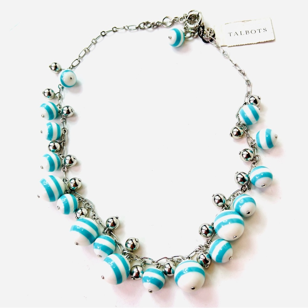 NWT Talbots Blue White Stripe Glass Bead Necklace Silver Nautical Coastal 18.5”